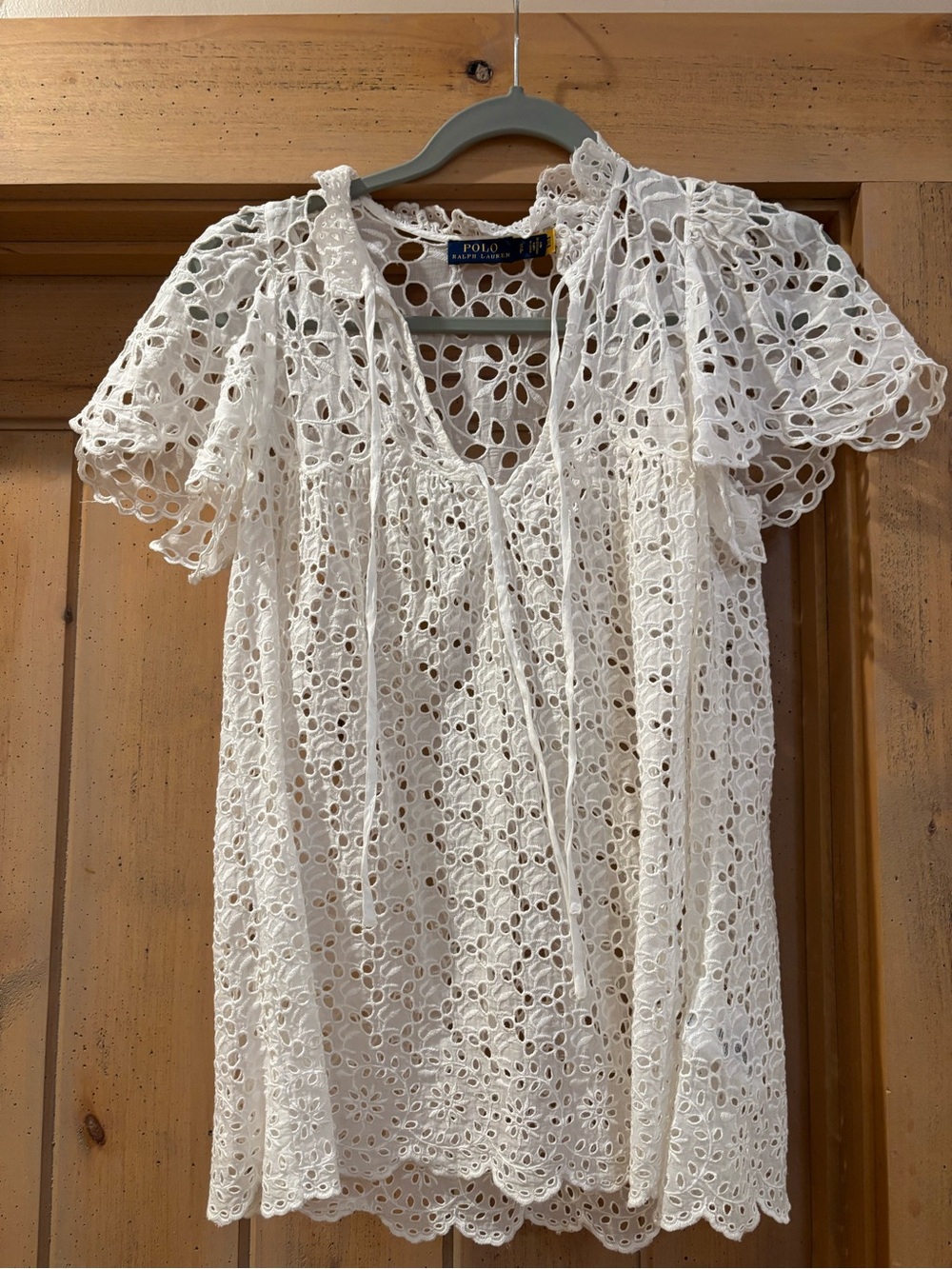 Ralph Lauren White Eyelet Lace Flutter Sleeve Blouse